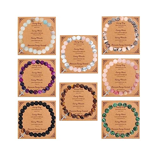 FIRAZIO 8Pcs Christian Gifts for Women Men, Inspirational Gifts Natural Stone Cross Bracelet with Bible Verse Prayers Card Religious Gifts for Women Friends