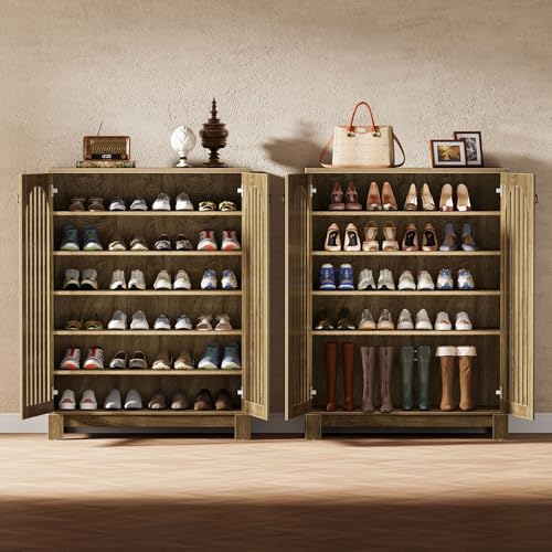 Image of Tribesigns Shoe Cabinet Set of 2, Wood Shoe Organizer Cabinet with Doors & Adjustable Shelves, Shoe Storage Rack for Entryway, Living Room