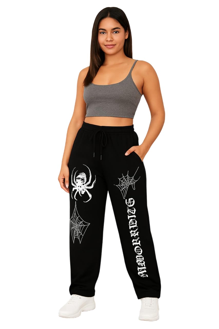 veerstow Gothic Spider Print Sweatpants, Cotton Joggers with Web Design, Loose Fit-picture-25