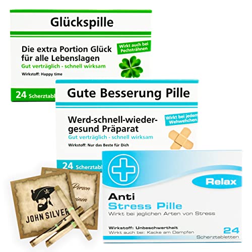 Scherztabletten im 3er Set, Schoko Tabletten als Geburtstagsgeschenk. Spaß, Anti Stress, gute Laune, Junggesellenabschied Mann und Frau. Erfurth Fun® JOHN SILVER® Schoko Drops