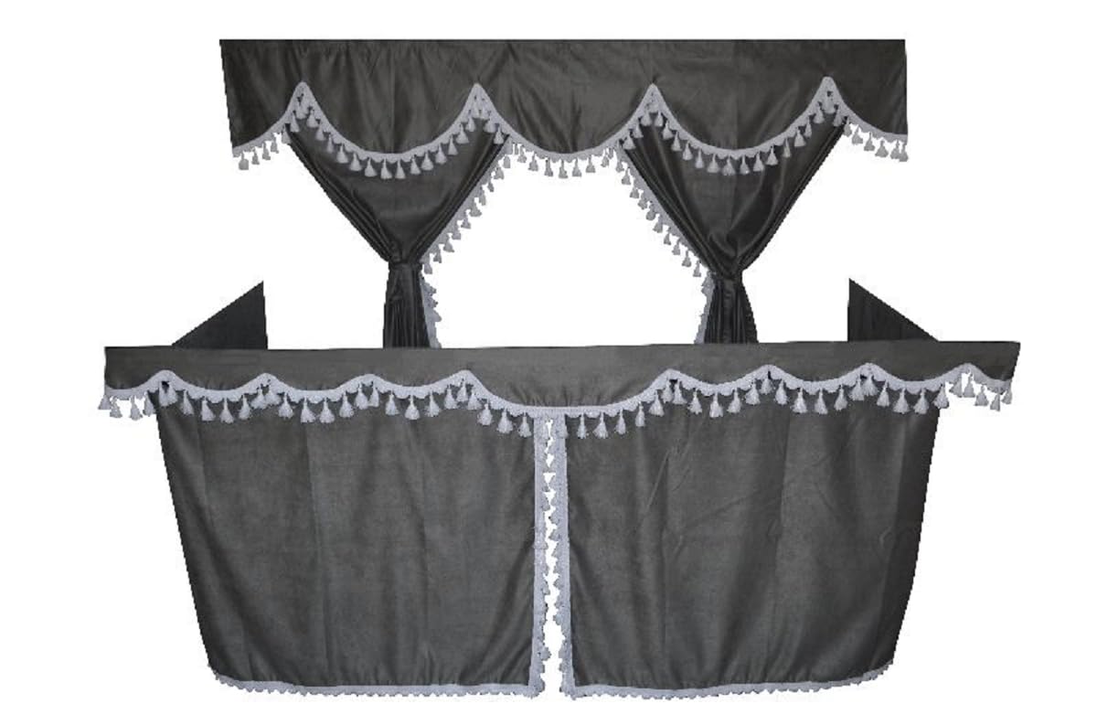 Ensemble de rideaux de camion gris avec pompons blancs pour cabine