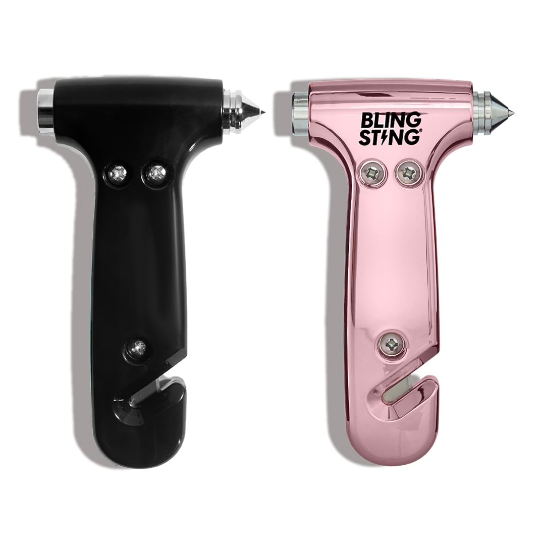 BLINGSTING Car Emergency Escape Hammer, Seatbelt Cutter, Window Breaker Tool, Interior Visor Strap, New Driver Vehicle Safety Essentials, Cute Car Accessories for Women - Black & Pink, 2 Count