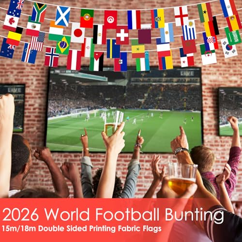 Image of AhfuLife 48 Countries World Flag String Flags for World Cup Decorations, Double Sided Fabric Nations String Banner for Olympic Soccer Bar Club Garden Street Sports Party Decor (1 Pack, 7.9 inch x 11 inch - 68.9 Ft)
