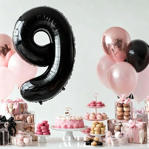 Image of AULE 40 Inch Big Black 9 Balloon Number Large Foil Helium Number Balloons 0-9 Jumbo Giant Happy 9th Birthday Party Decorations for Boy or Girl Huge Mylar Anniversary Party Supplies