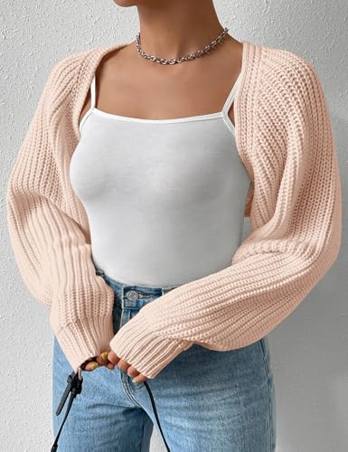 Image of Plus Size Women's Long Sleeve Open Front Crop Cardigan Drop Shoulder Shrug Oversized Ribbed Knit Bolero Sweater