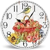 Horienteeon Reloj de pared con diseño de cesta de manzana y girasol, vintage, de madera, silencioso, sin tictac, funciona con pilas, reloj de pared de 30 cm para cocina, sala de estar, baño, escuela y