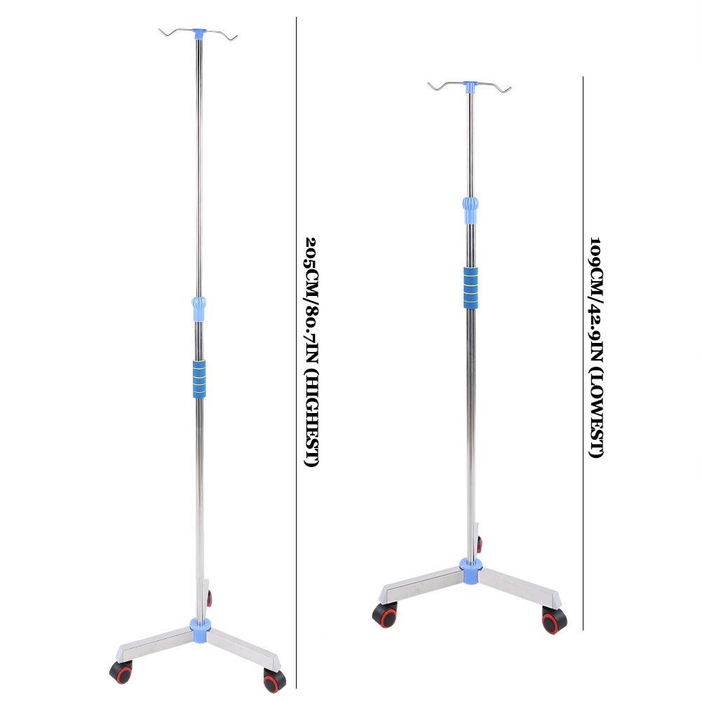 AYNEFY Support Intraveineux Portable en Acier Inoxydable, Support de Sac, pour Perfusion Intraveineuse Réglable, Hauteur Réglable de 109-200 cm, avec 2 Crochets 3 Roues