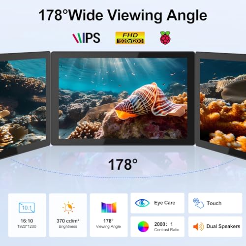 Image of 10.1 Inch Touchscreen Monitor - 1920x1200 HDMI Touch Screen Monitor, 10-Point IPS 16:10 Rpi Screen Display for Pi 5 /4 /3 /2 /Zero /B /B+ Win11 /10 /8 /7 W /VESA,Speaker,Fan,Stand Driver-Free