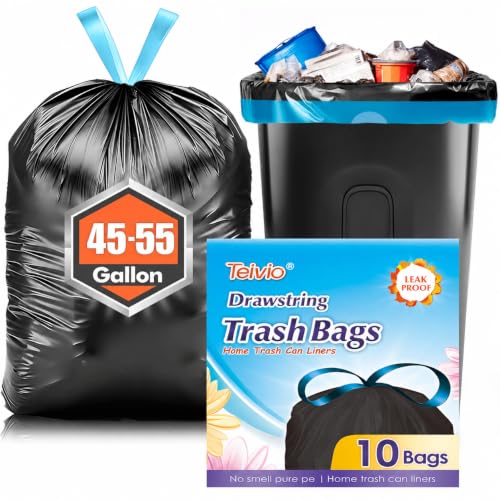 Image of Teivio 55 Gallon Large Black Drawstring Trash Bags 10 Count, 45,50,55 Gal Heavy Duty Garbage Bags for Commercial, Yard, Garage, Industrial, Outdoor Trash Cans, Lawn & Leaf Bags