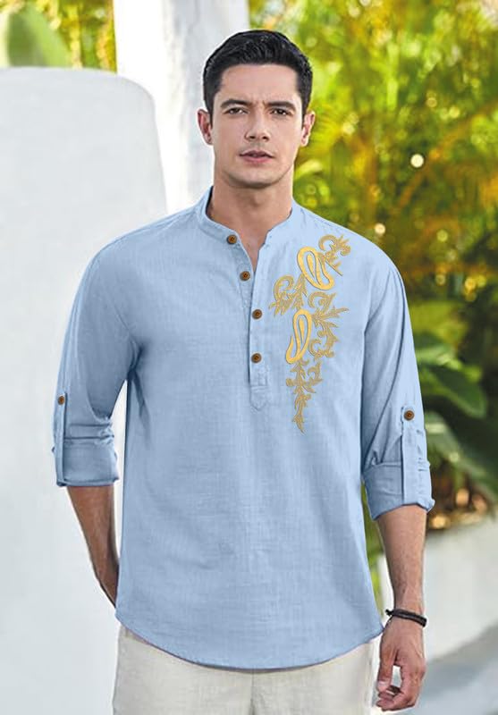 Image of Men's Printed Cotton Blend Short Kurta | Regular Fit Casual Kurta Shirt for Men with Mandarin Collar | Ethnic