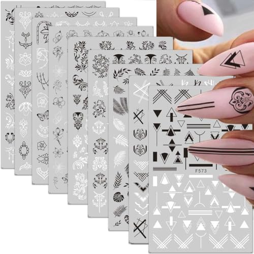 10 Sheets Black White Nail Stickers Geometric Nail Art Leaves Flowers Nail Decals Boho Stickers for Nails 3D Self Adhesive Nail Art Supplies& Decorations for Women Girls