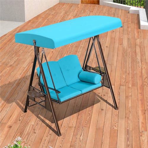 Image of PURPLE LEAF 2-Seat Deluxe Outdoor Patio Porch Swing with Weather Resistant Steel Frame, Adjustable Tilt Canopy, Cushions and Pillow Included, Turquoise Blue