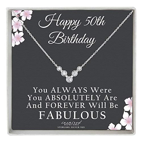 50th Birthday Gifts For Women Sterling Silver 5 Stones For 5 Decades Necklace with Fabulous Keepsake Card