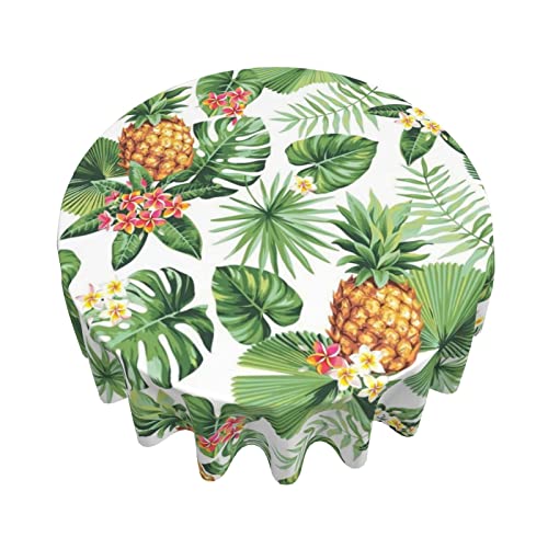 Tropical Palm Leaf Tablecloth Round 60 Inch Watercolor Summer Pineapple Tablecloth Waterproof Green Palm Frond Table Cloth Kitchen Table Cloth Cover For Party Holiday Dinning Tabletop Home Decor #TOP2