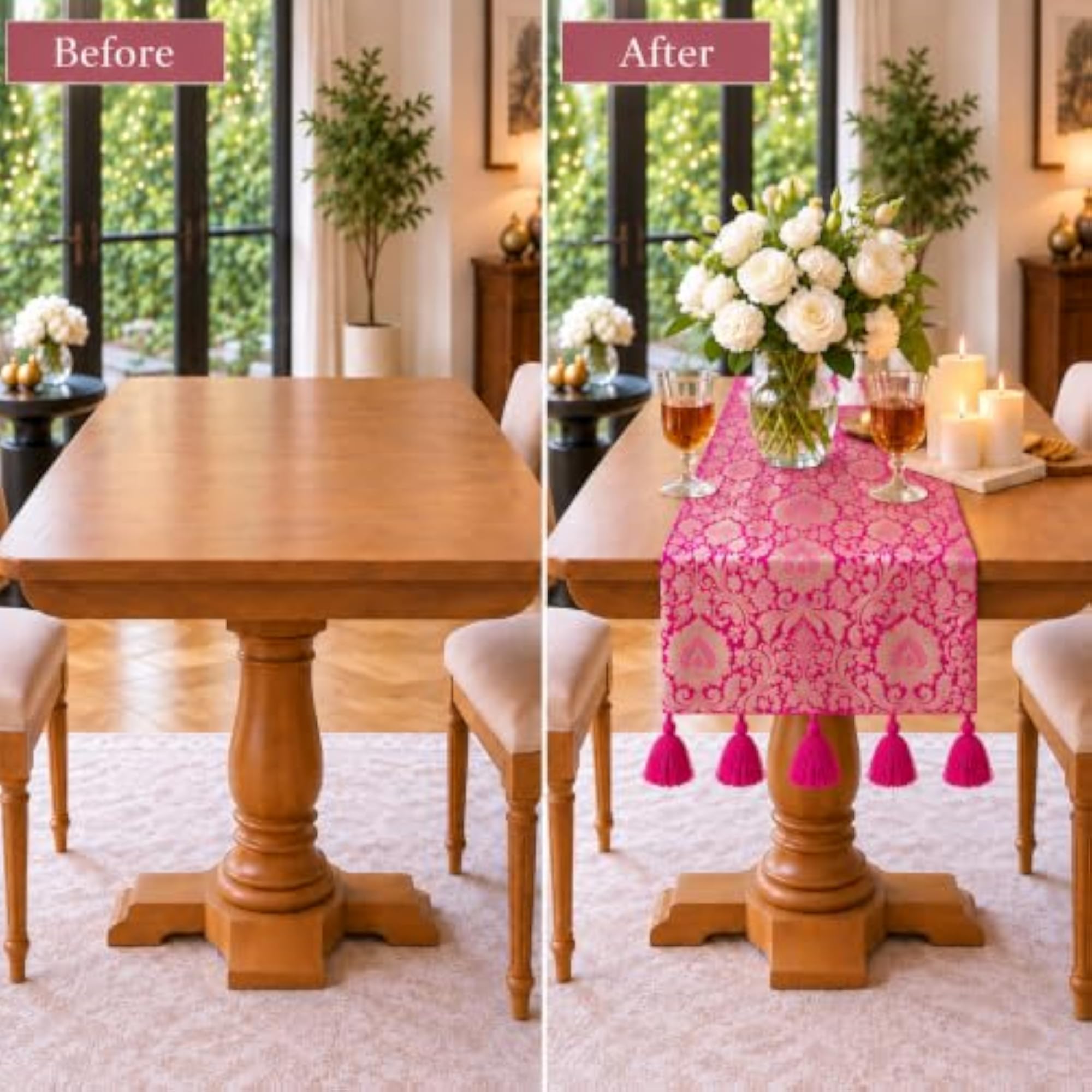Pink Banarsi Brocade Silk & Gold Jacquard Table Runner