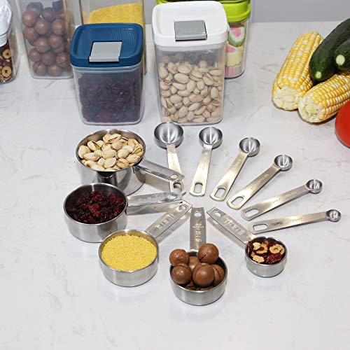 Belifu Stainless Steel Measuring Spoons and Measuring Cups Combo, Set of 11, Upgraded Thickness Handle for Dry Liquid Ingredients Cooking Baking