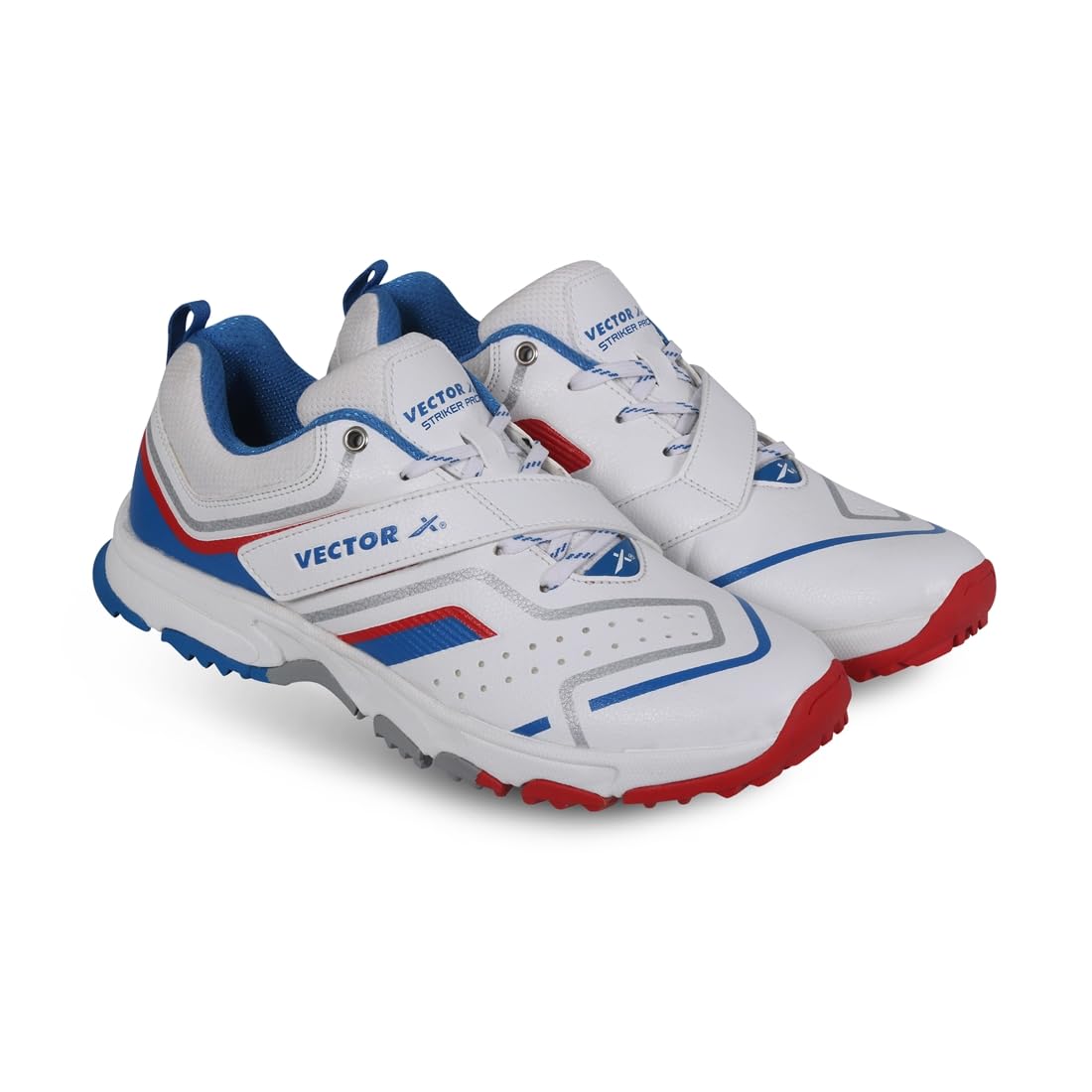 Vector X Striker Pro Cricket Shoe for Men with PU Upper/Sports Shoes/EVA Sockliner for Sports Midfoot Support Strap (Color: White-Blue-Red, Size : 9)