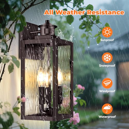 3-Light Motion Sensor Outdoor Wall Light, Waterproof Exterior Wall Sconce Light Fixture with Water-Rippled Glass, Dusk to Dawn Brown Outside Wall Lantern for House, Porch, Patio,Bulbs Not Included by Brightever - Used condition - Image 6