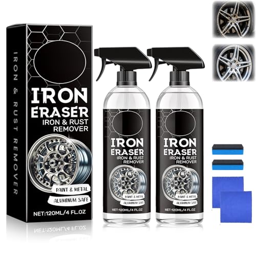 2PCS Iron Eraser Rust Remover Spray Iron Powder Remover Spray for Car Wheels and Paint Fast Acting Rust and Brake Dust Remover New Upgraded Automotive Surface Cleaning