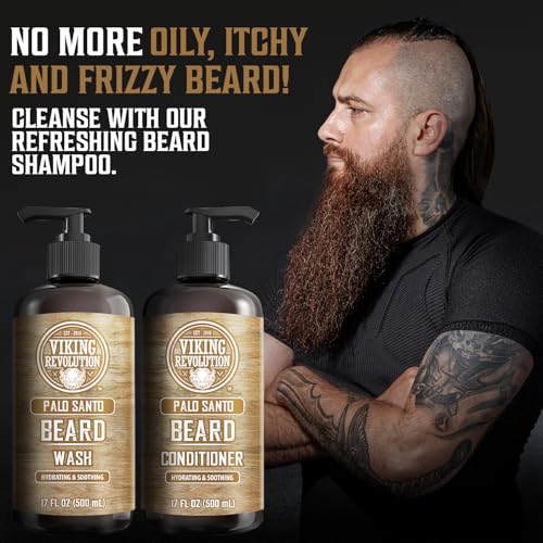 Image of Viking Revolution Palo Santo Beard Wash and Beard Conditioner Set with Argan and Jojoba Oils - Softens and Strengthens - Natural Palo Santo Scent - Beard Shampoo with Ginseng Root Extract (17 oz)