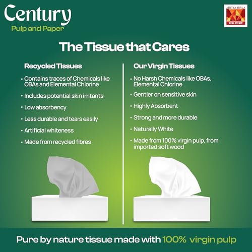 Image of Century 2 Ply 100% Virgin Pulp Soft Facial Tissue Box | Car Tissue - 100 Pulls Per Roll (Pack of 4)