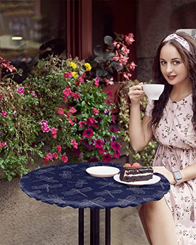 Navy Blue Dragonfly Round Tablecloth, Fitted Table Cover With Elastic For 45"-54" Round Tables, Modern White Lines Abstract Art Table Cloth Outdoor Indoor Dinning Party Waterproof Tablecloths #TOP3