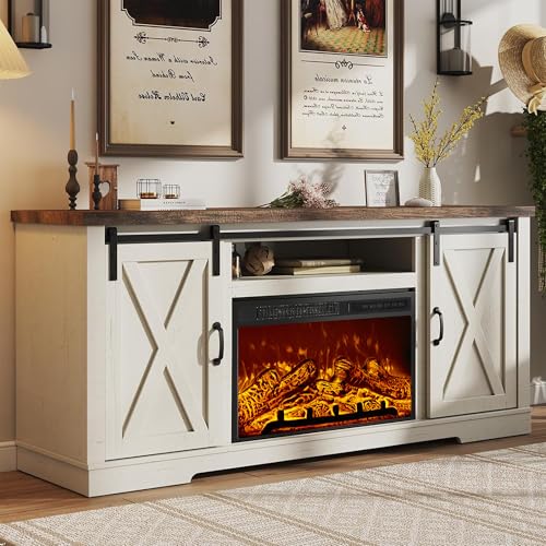 AMERLIFE Fireplace TV Stand with Sliding Barn Door for...