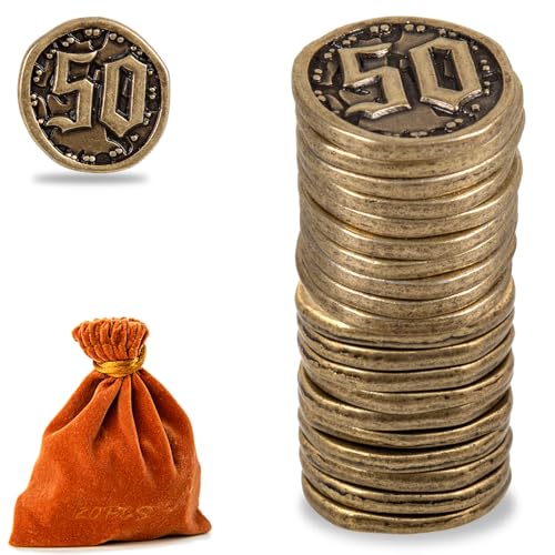 Prefdo Monedas de metal para juegos de mesa, 20 fichas del tesoro para póquer, RPG, juegos de mesa de estrategia, moneda de fantasía, moneda genérica resistente (bronce, valor 50 monedas)
