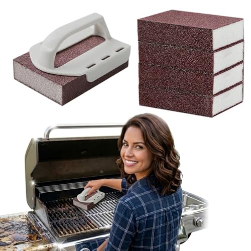 Magic Cleaning Sponge, Carborundum Emery Sponge Scrubber for Heavy-Duty Cleaning, Rust Remover & Descaling Eraser, Carbide Cleaning Pads for Stainless Steel Pans, BBQ Grill, Stove (1 Handle+5 Sponge)