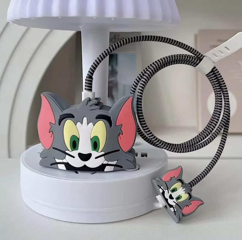 Image of DIVERTS Charger Case Cover 360 Degree Full Protection Cover Funny Cartoon Character Compatible for iPhone 18-20W Silicone Protective Charger Cover Cable Protector (Tom Design)