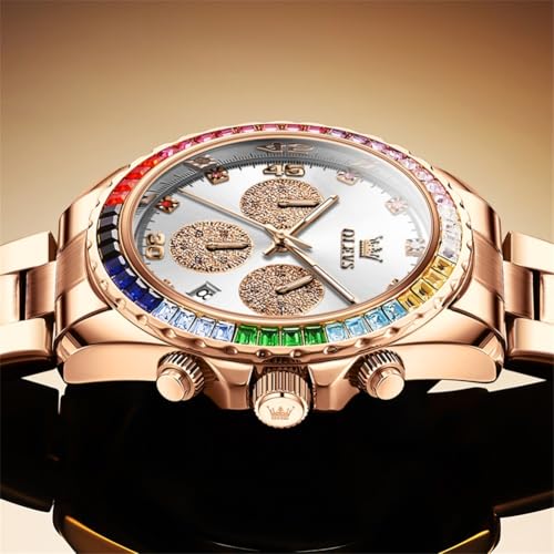 Image of OLEVS Watch for Men Luxury Gold Diamond Chronograph Business Wristwatch with Analog Quartz, Date Calendar, Stainless Steel Band, Luminous Hands, Waterproof