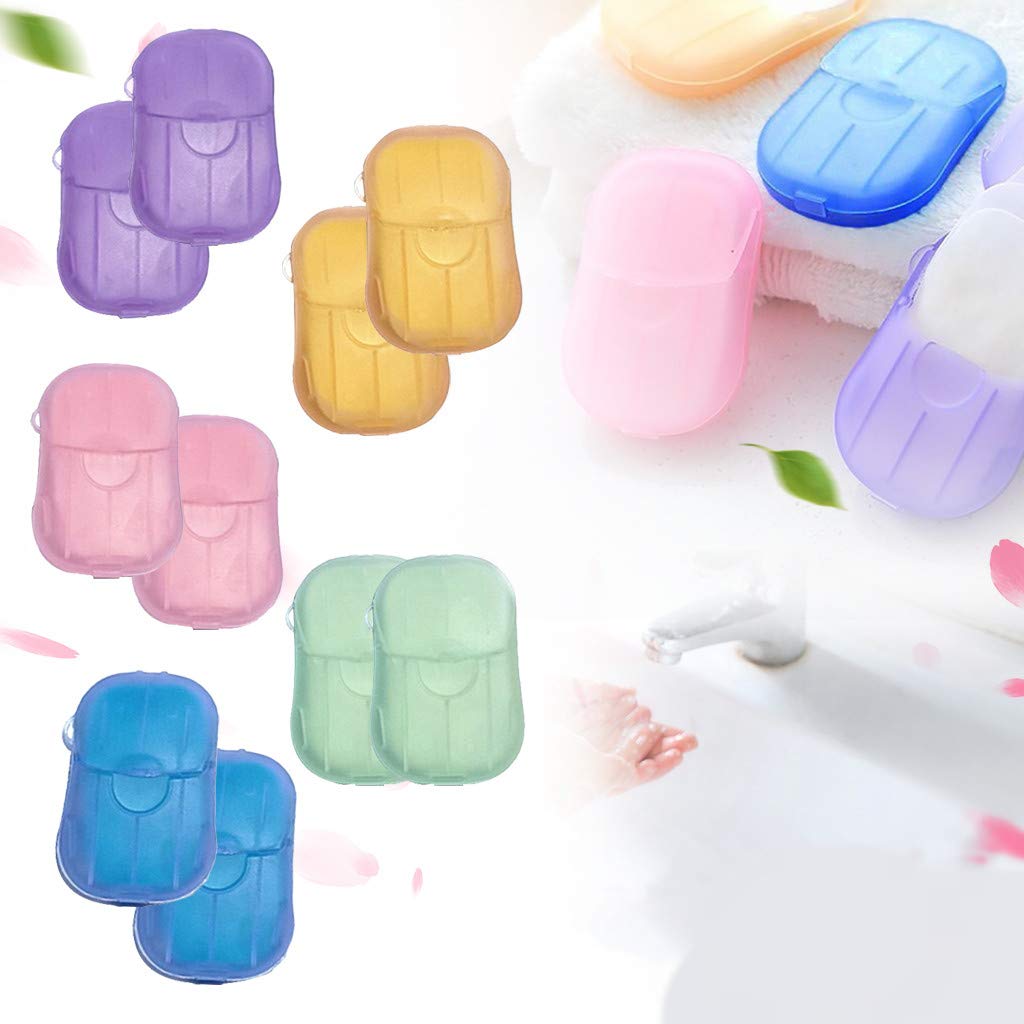Severkill 10 Boxes Total 200 Sheets Portable Disposable Paper Soap Sheets Flakes Washing Cleaning Soap for Washing Hand Bath Toiletry Travel Camping Hiking (5 Colors, 20 Sheets per Box)