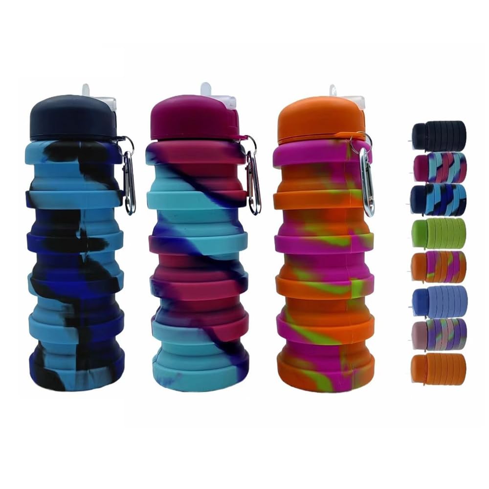 Dontinhu Collapsible Water Bottles 3 Pack 16oz(about 500ml), Travel Portable Sport Water Bottle, Silicone Foldable Water Bottles for Gym Camping