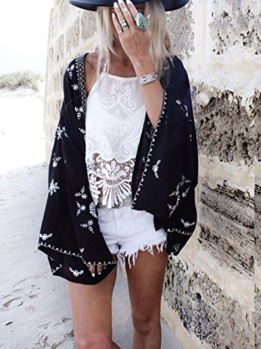 FXmimior Women's Bohemian Chiffon Tops Shirt Blouses Kimono Summer Beach Dressy (black)