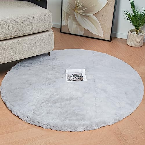 Round Furry Rugs for Living Room Faux Rabbit Fluffy Fur Rug for Bedroom Washable Area Rugs Boho Circle Rug Grey Shag Rug 4ft