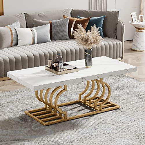 Tribesigns Moderner Couchtisch, Wohnzimmertisch Faux Marmor Cocktailtisch mit Geometrischem Gestell,Rechteckiger Mitteltisch Teetisch Akzentmöbel Tisch Sofa Beistelltisch für Home Office,Weiß und Gold