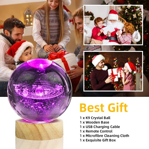 Image of 3D Solar System Crystal Ball Night Light with 16 Color LED Wooden Base, Upgraded 3.15 In Galaxy Planets Glass Ball Lamp with Remote Control Cool Astronomy Desk Decor Gifts for Kids Girls Boys Friends