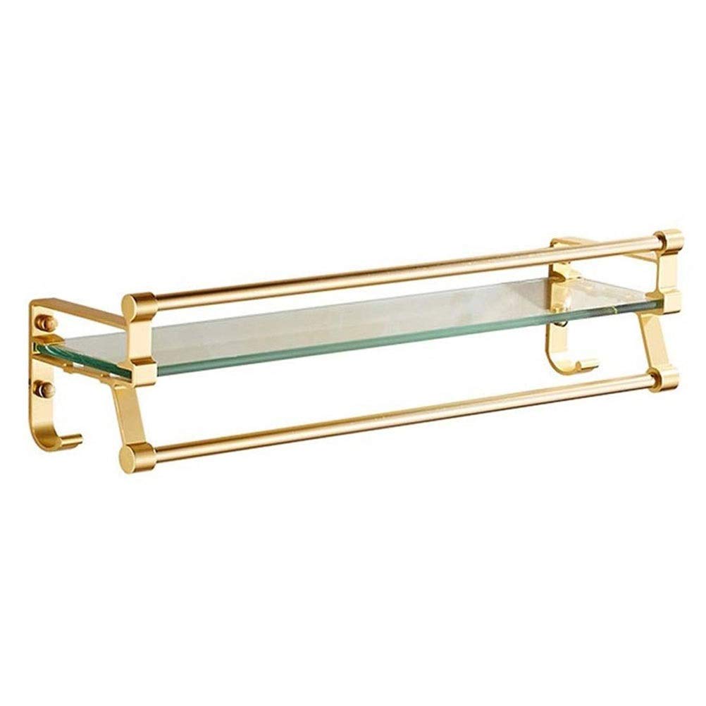 WDSOPK Bathroom Tempered Glass Shelf Corner Storage Holder Shelves With Towel Rail Square Wall Mounted 16~24 Inches Space Aluminum Gold 0131,