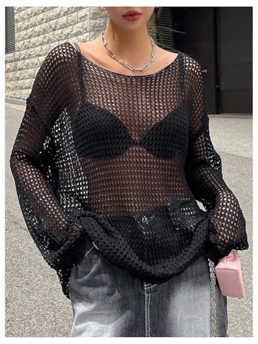 SweatyRocks Women's Oversized Long Sleeve Sheer Knit Sweater Tops Y2K Hollow Out Pullover Coverups2