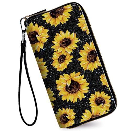 Image of Women's Wallets,Credit Card Holder Money Leather Long Wallet with Wristlet,Large Capacity with Zip-Around Phone Purse for Women Ladies Girls,Glitter Sunflower