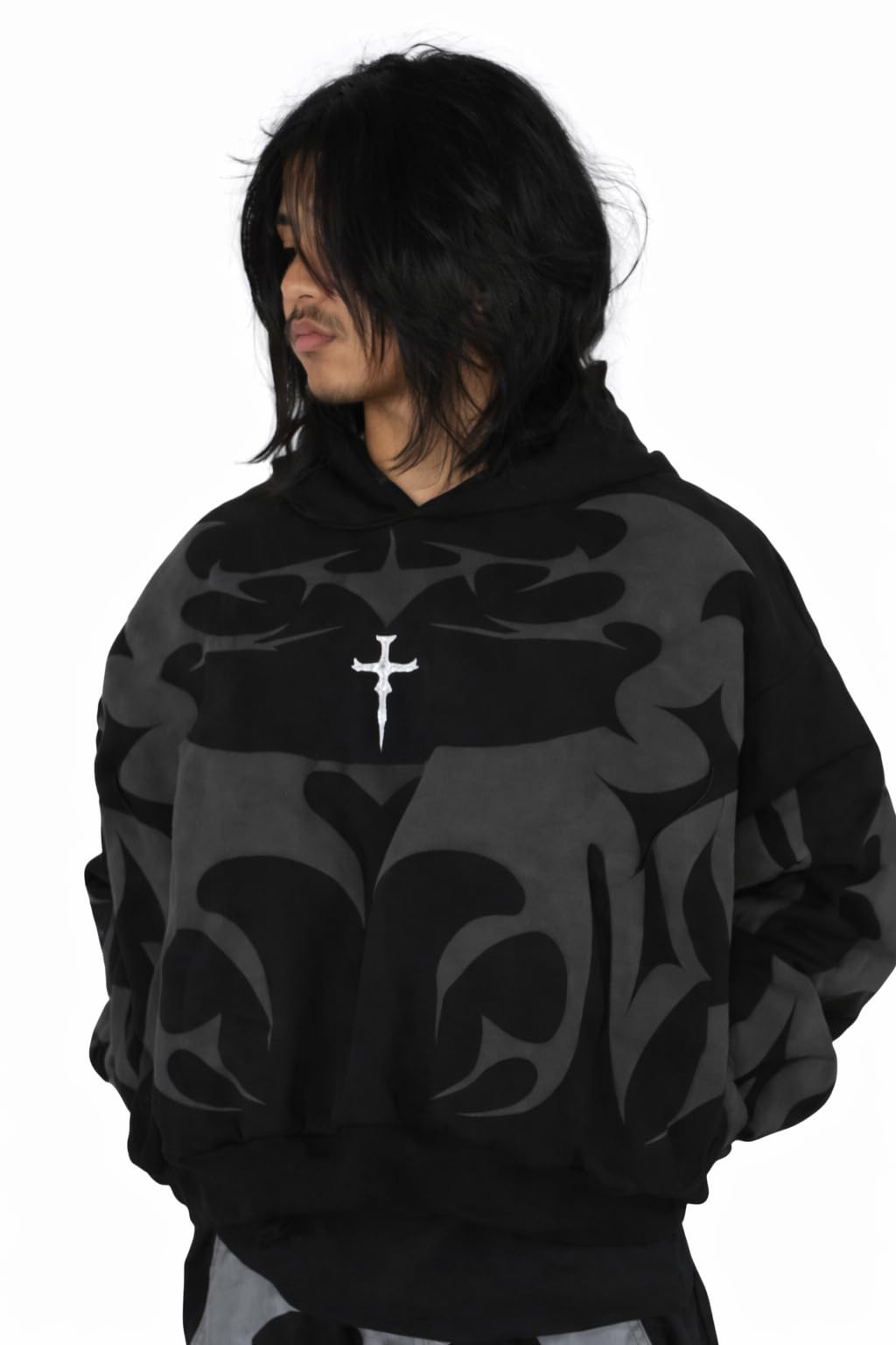 depth women's tribal shadow hoodie, black gothic streetwear pullover with y2k dark aesthetic, oversized grunge sweatshirt for casual urban style