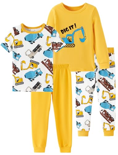 PATPAT 4-Pieces Baby Boys Pajama Sets with Organic Cotton, Snug fit Pjs for Toddler Kids, Supersoft & Stretchy Sleeper, Dig N Load, 2T
