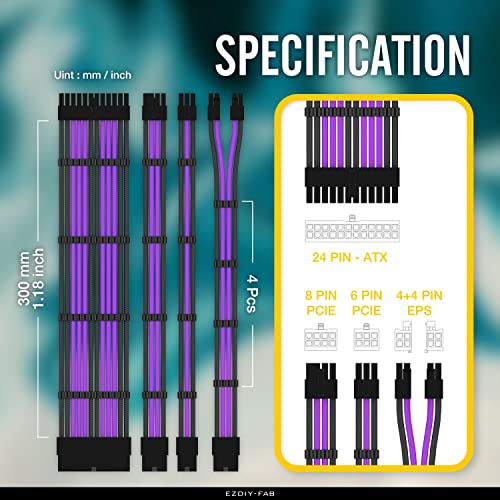 Ezdiy-Fab Psu Cable Extension Kit Sleeved Cable Custom Power Supply Sleeved Extension 16 Awg 24-Pin 8-Pin 6-Pin 4+4-Pin With Combs- Black/Purple #TOP4