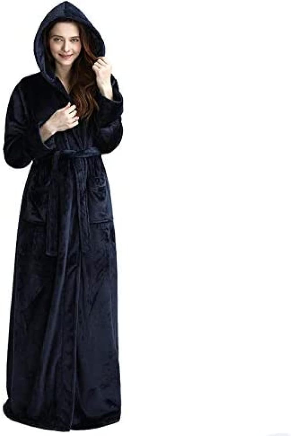 [ANTIY] 秋冬着物フード付きバスローブカップル長袖ホームフランネル部屋着,ダークブルーの女性,L(着丈140cm)