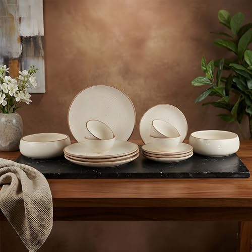 Image of Miah Decor Ceramic Dinner Set- 14-Piece Handmade Stoneware | 4 Bowls, 4 Quarter Plates, 4 Dinner Plates & 2 Serving Bowls | Off White Ribbed Matte Finish | Microwave & Dishwasher Safe | Ideal Gift