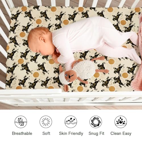 Image of Western Cowboys Sun Fitted Baby Crib Sheets for Girl Boy 52 inchx28 inch Vintage Cowboy Horses Sunshine Soft Crib Mattress Covers Southwest Country Breathable Baby Sheet for Standard Crib and Toddler Mattress