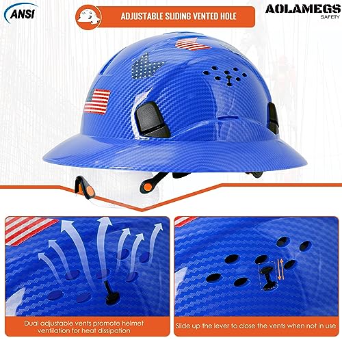 Aolamegs Safe Bright Blue Carbon Fiber Pattern Full Brim Hard Hat with Visor -Vented Hard Hats Construction OSHA Approved for Men Adult, Reflective Safety Helmet with Chin Strap,6-Point Suspension