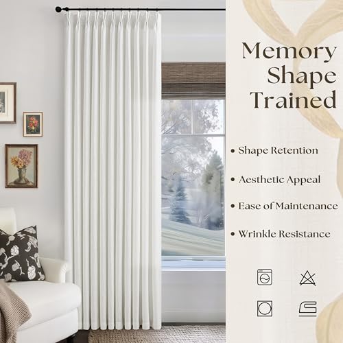 Image of 102 Inch Long Curtains 70 Inch Width Pinch Pleat Linen Curtains Ivory | Extra Wide, Living Room, Light Filtering, Privacy, Pleated, Hooks Rings, Back Tab, Sliding Door, 1 Panel, 70x102, Birch
