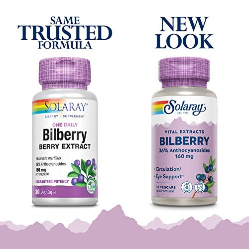 Solaray Bilberry Extract 160 Mg, Eye Health & Circulation Support, 36% Anthocyanosides Plus Blueberry, Vegan, 30 Vegcaps #TOP1