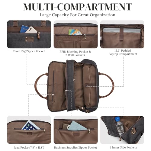 S-ZONE Duffle Bags for Traveling Mens Canvas Weekender Overnight Shoulder Duffel Bag RFID Carryon Handbag Leather Trim2